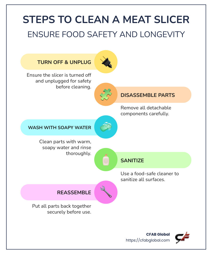 Infographic: Step-by-step guide to cleaning a meat slicer, including power disconnection, parts disassembly, washing with soapy water, sanitizing, and reassembly - how to clean meat slicer infographic infographic-line-5-steps-colors