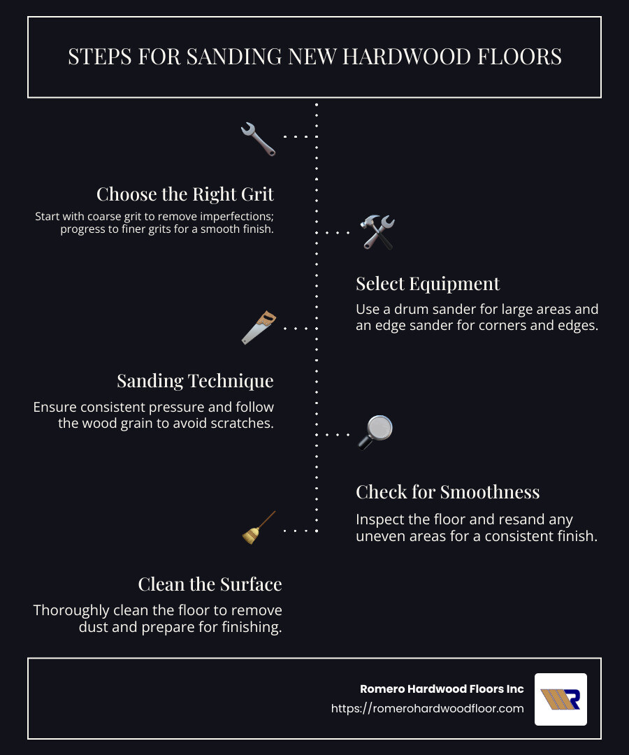 Step-by-step sanding process for hardwood floors - sanding new hardwood floors infographic infographic-line-5-steps-dark