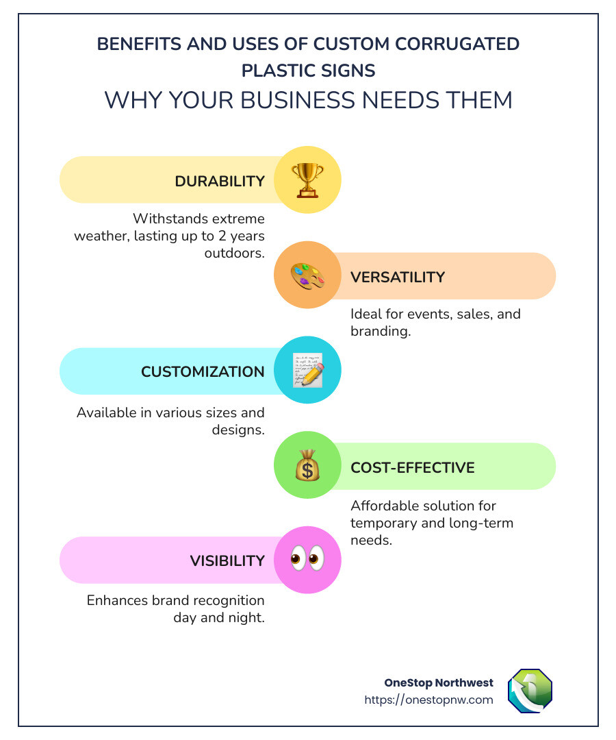 Infographic showcasing custom corrugated plastic signs benefits and uses - custom corrugated plastic signs infographic infographic-line-5-steps-colors