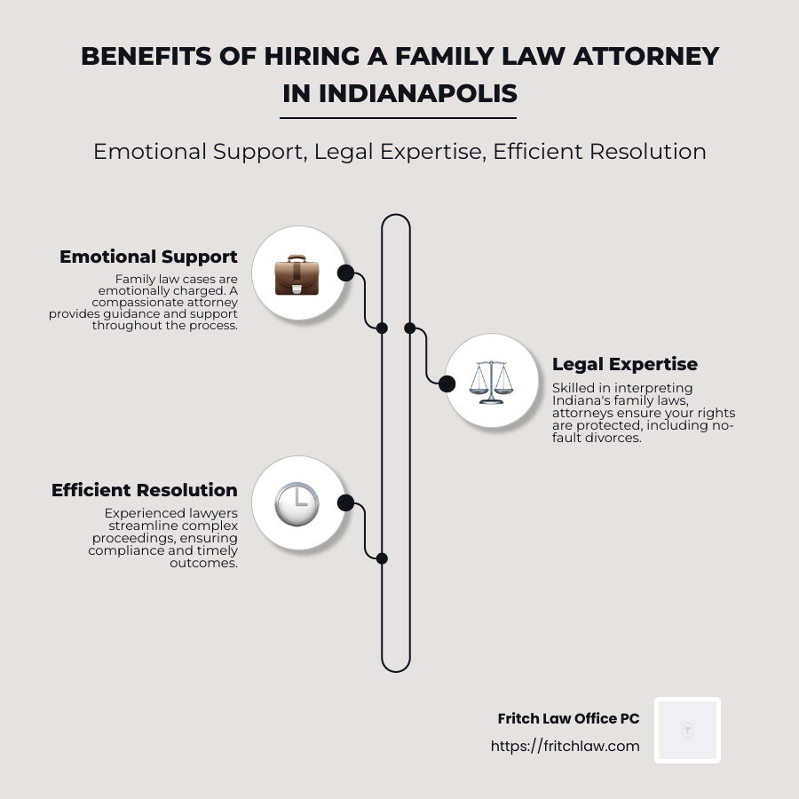 Key aspects of family law attorney in Indianapolis, highlighting emotional support, legal expertise, and efficient case resolution in family disputes. - family law attorney indianapolis infographic infographic-line-3-steps-neat_beige