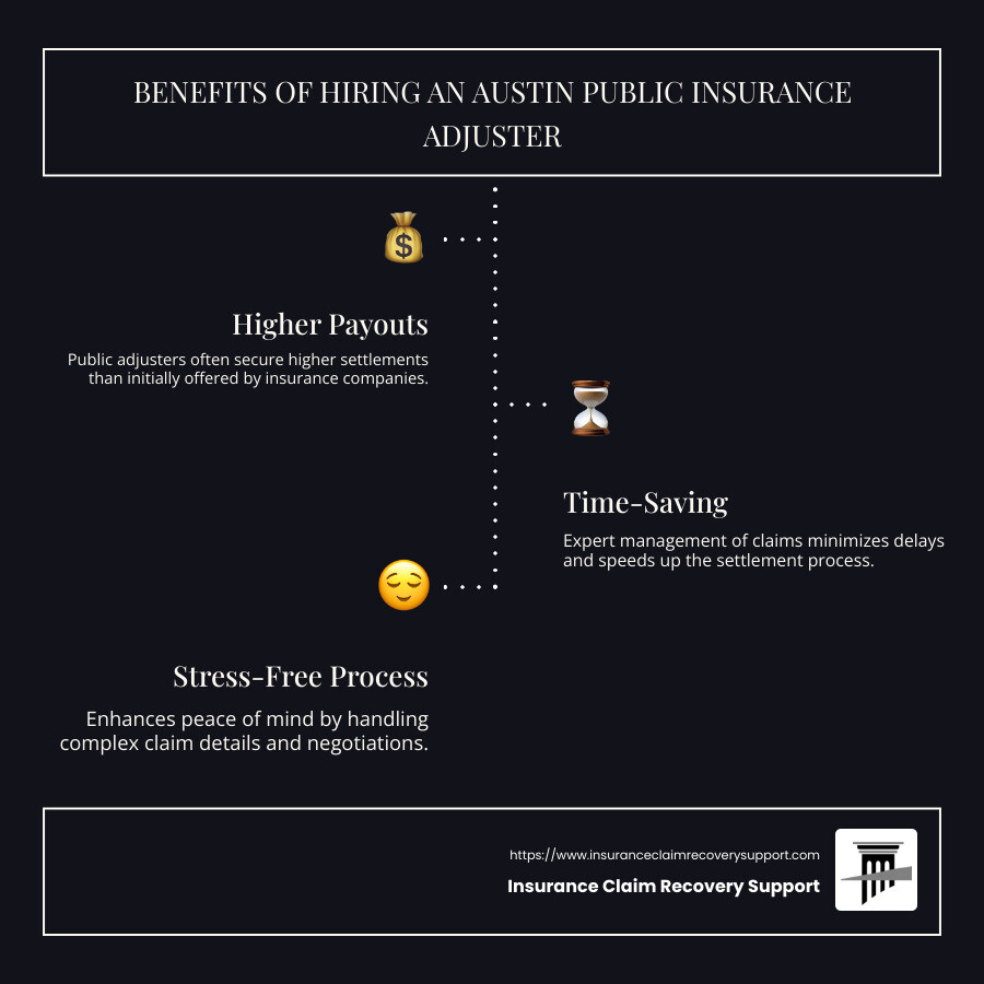 Infographic showing benefits of hiring an Austin public insurance adjuster: higher payouts, time-saving, stress-free process - Austin public insurance adjuster infographic infographic-line-3-steps-dark