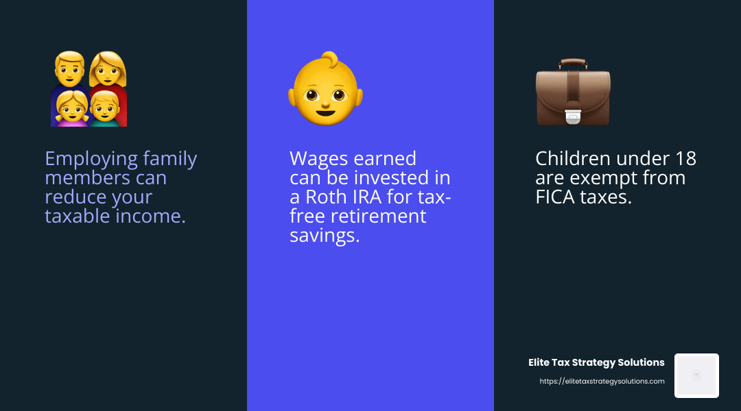 Hiring family members can lead to significant tax savings for small businesses. - small business tax saving strategies infographic 3_facts_emoji_blue