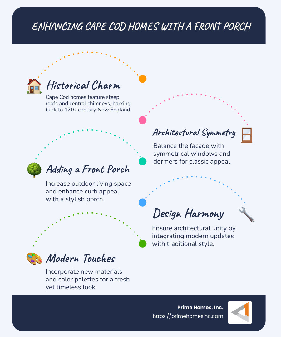 Infographic of Cape Cod Style House with Front Porch - cape cod style house with front porch infographic infographic-line-5-steps-blues-accent_colors