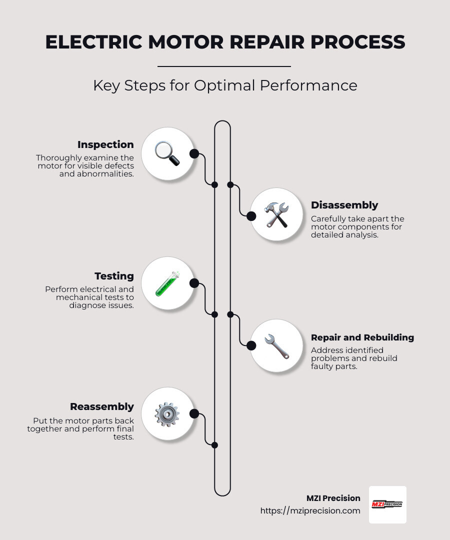 Diagram of the electric motor repair process, showing key steps: inspection, disassembly, testing, repair, and reassembly, with each step highlighted and associated components labeled - Electric Motor Repair infographic infographic-line-5-steps-neat_beige