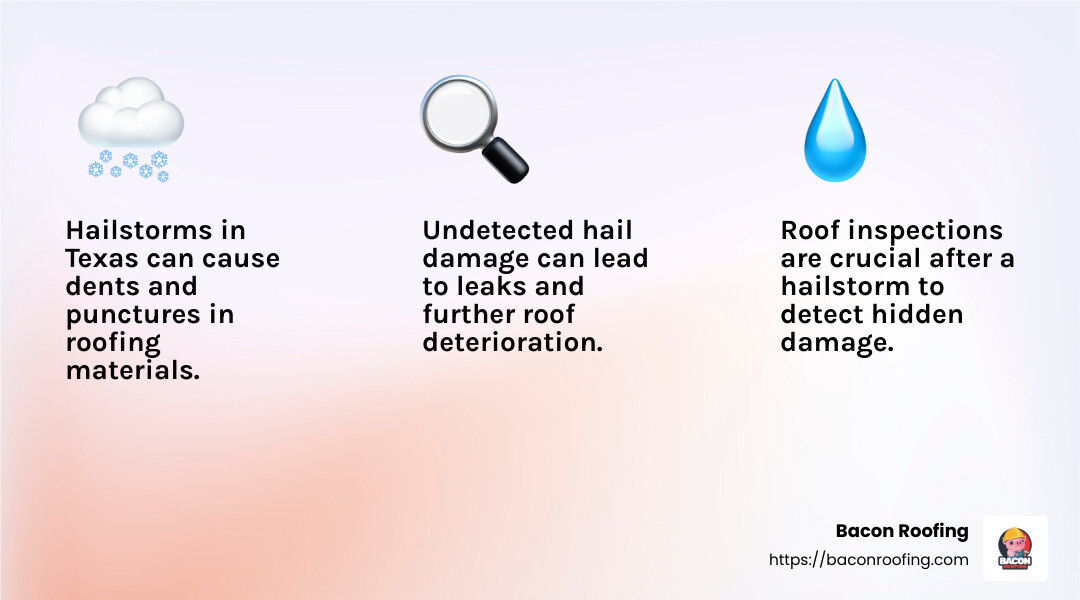 Hail damage can lead to roof leaks if not addressed promptly. - rockwall tx roof repair infographic 3_facts_emoji_light-gradient