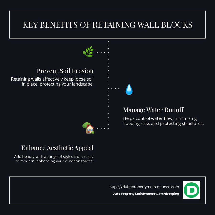 Infographic detailing types, benefits, and cost comparisons of retaining wall blocks, including materials like concrete and natural stone, and the pros/cons of DIY versus professional installation. - retaining wall blocks infographic infographic-line-3-steps-dark