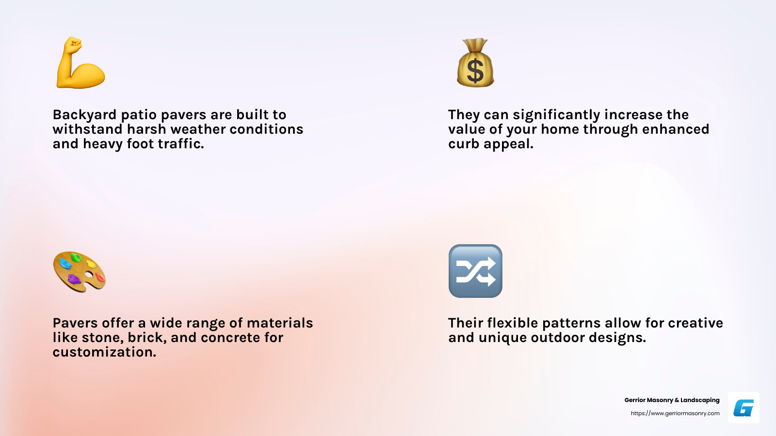 Durability and flexibility of backyard patio pavers - backyard patio pavers infographic 4_facts_emoji_light-gradient