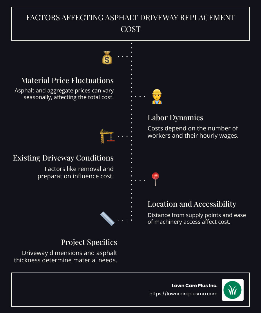 Infographic detailing factors affecting asphalt driveway replacement cost: material price fluctuations, labor costs, and existing driveway conditions - asphalt driveway replacement cost calculator infographic infographic-line-5-steps-dark