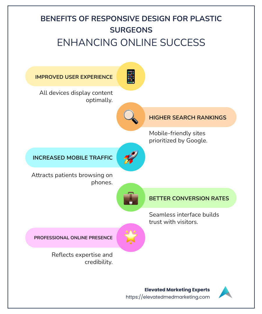 Infographic detailing the benefits of responsive design for plastic surgeons: improved user experience, higher search rankings, increased mobile traffic, and better conversion rates - responsive website design for plastic surgeons infographic infographic-line-5-steps-colors