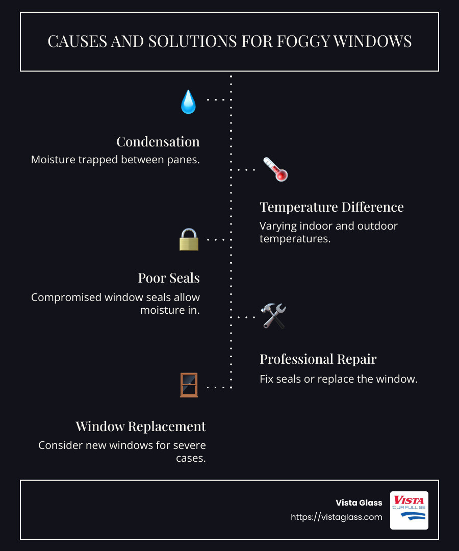 Infographic showing causes and solutions for foggy windows: includes factors like condensation, temperature difference, and poor seals; solutions include professional repair and window replacement - fix foggy windows in house infographic infographic-line-5-steps-dark