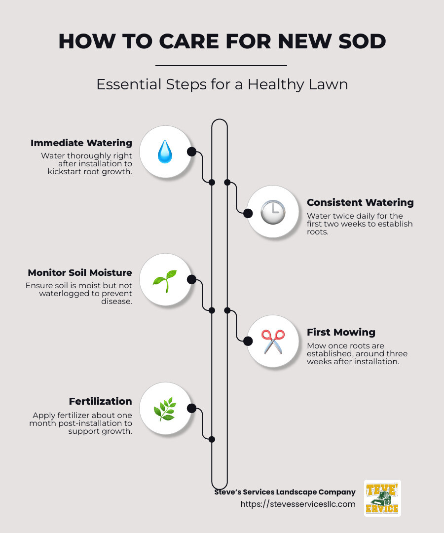 Steps for caring for new sod, including immediate watering, consistent watering schedule, avoiding overwatering, mowing at the right time, and proper fertilization - how to care for new sod infographic infographic-line-5-steps-neat_beige
