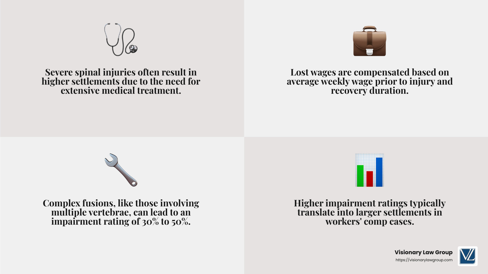 Severity of spinal fusion injury and its impact on settlements - average settlement for spinal fusion surgery workers' comp infographic 4_facts_emoji_grey