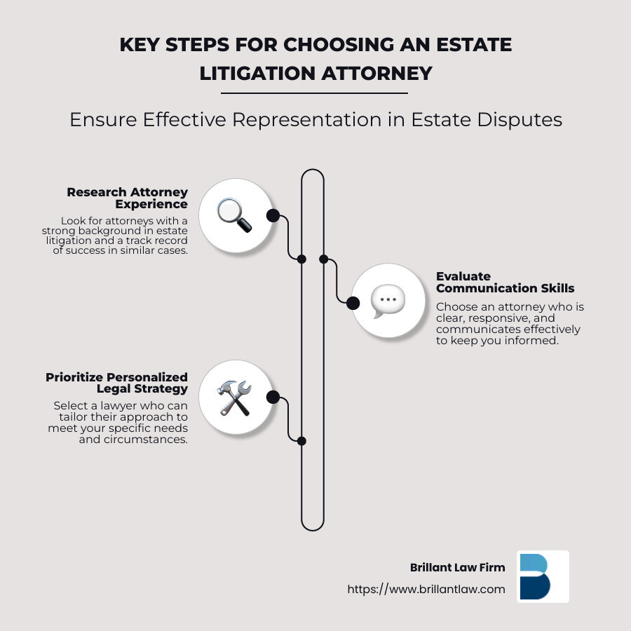 e999bfef62977e3d78c6e4b815ea3b04917d7829 Winning Your Case: How to Choose an Estate Litigation Attorney Discover how to select the best estate litigation attorney and resolve estate disputes effectively. Get expert guidance here! Key Steps for Choosing an Estate Litigation Attorney - estate litigation attorney infographic infographic-line-3-steps-neat_beige