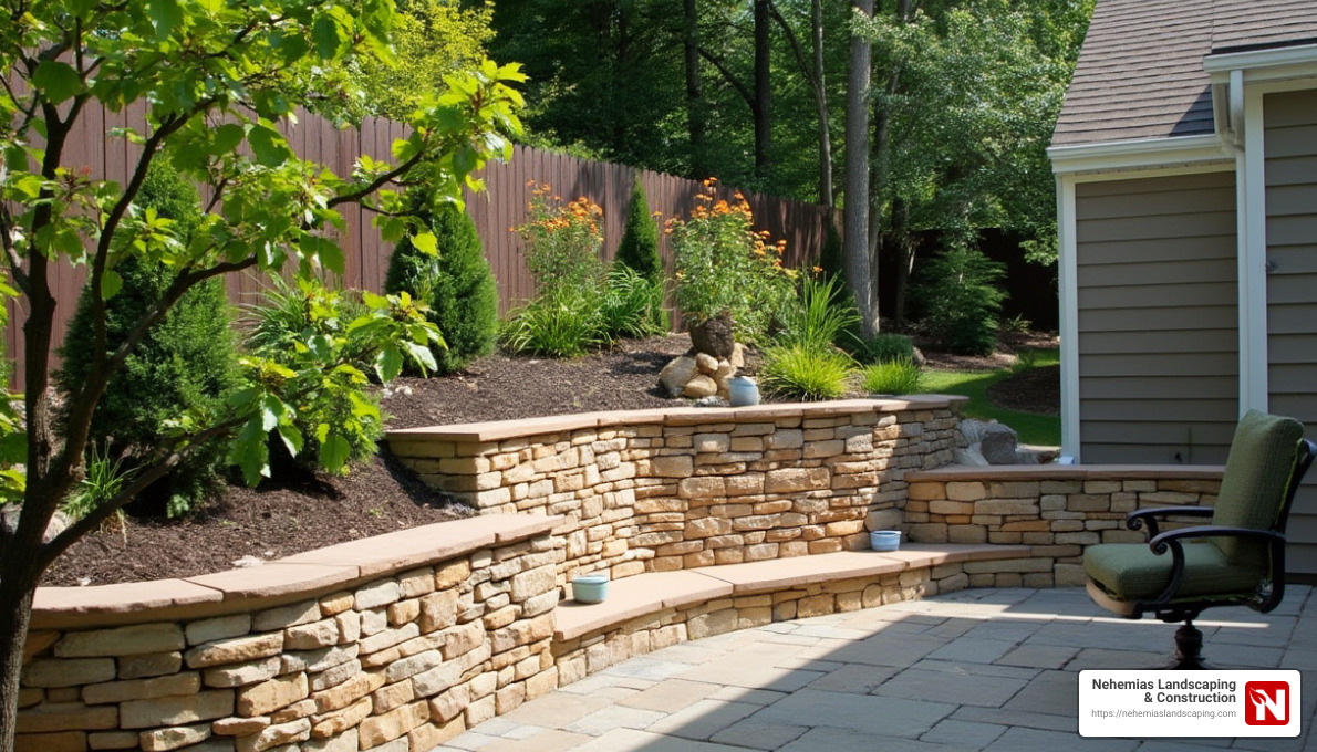 Retaining wall with built-in seating - Backyard hardscaping ideas
