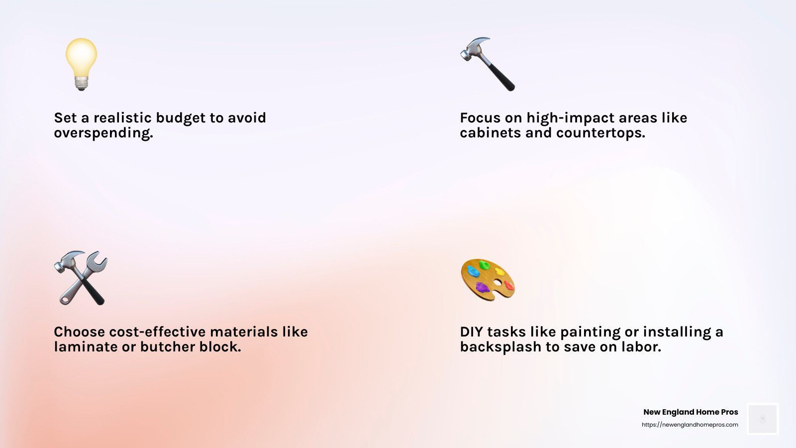 Choosing cost-effective materials can save money while maintaining style. - best home kitchen and bath infographic 4_facts_emoji_light-gradient