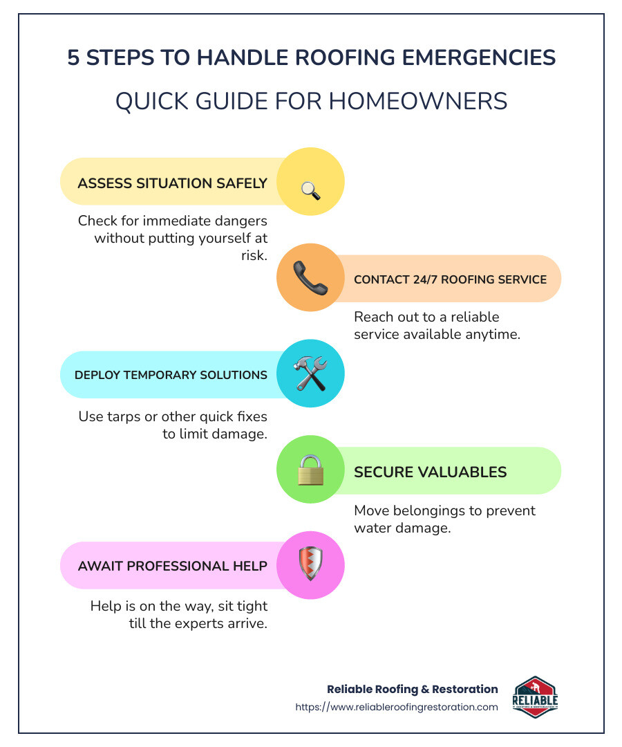 Emergency roof repair steps infographic - 24 hour emergency roof repair infographic infographic-line-5-steps-colors