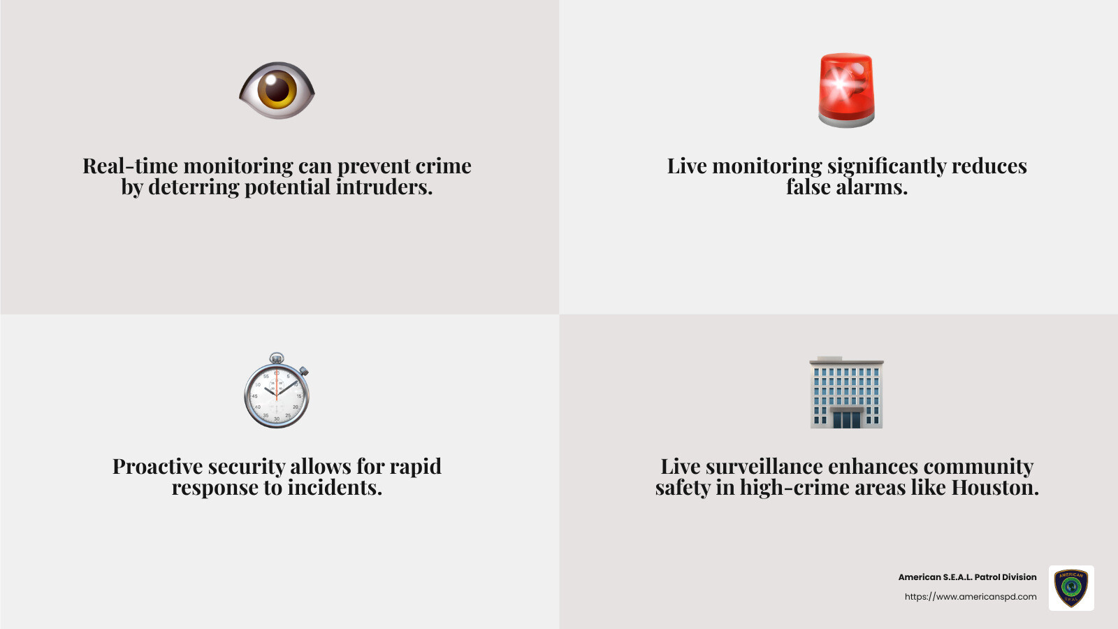 Stealth Monitoring reports deterring over 50,000 crimes annually - houston live security monitoring infographic 4_facts_emoji_grey