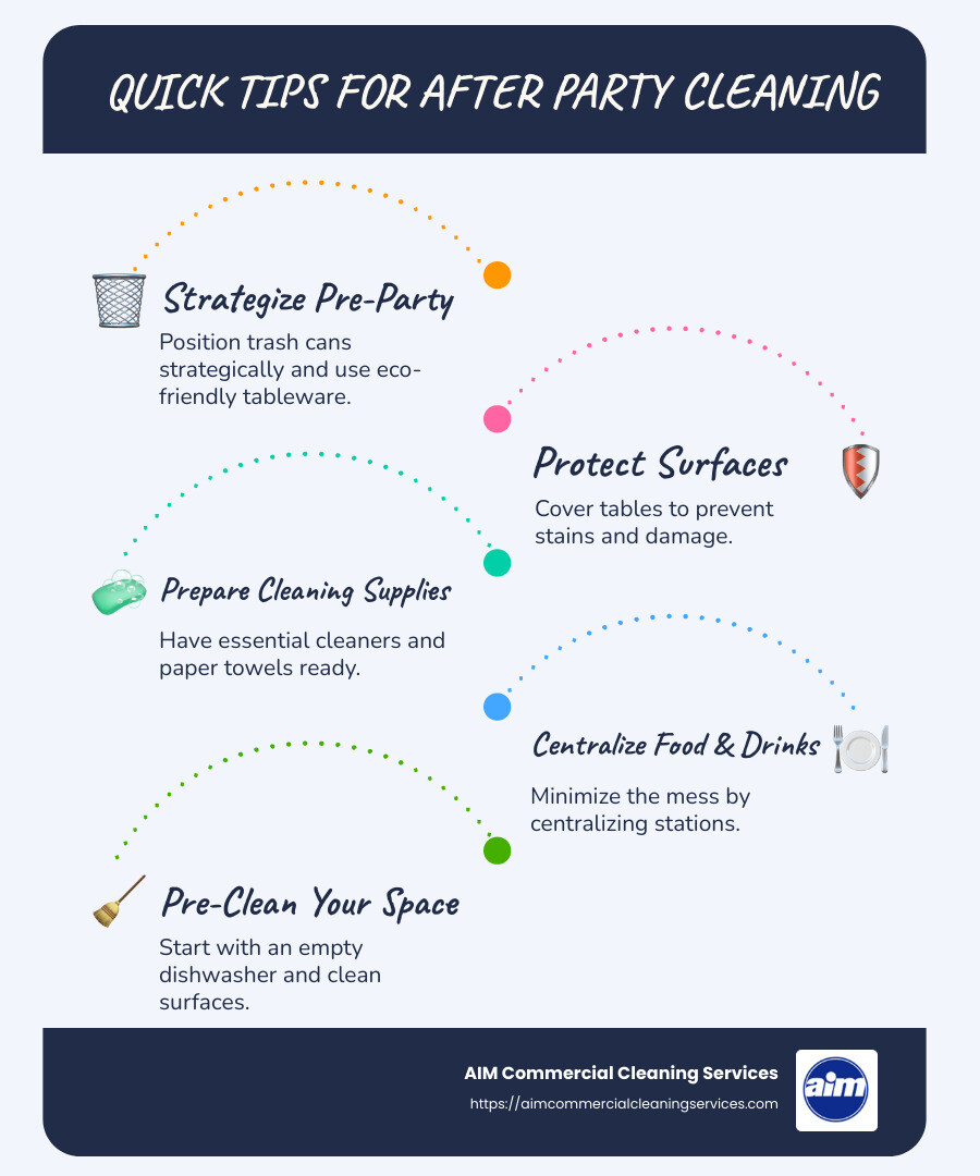Infographic detailing steps for after party cleaning: strategize trash bin placement, choose disposable tableware, protect surfaces with covers, have cleaning supplies ready, centralize food and drink stations, pre-clean before the event. - after party cleaning infographic infographic-line-5-steps-blues-accent_colors