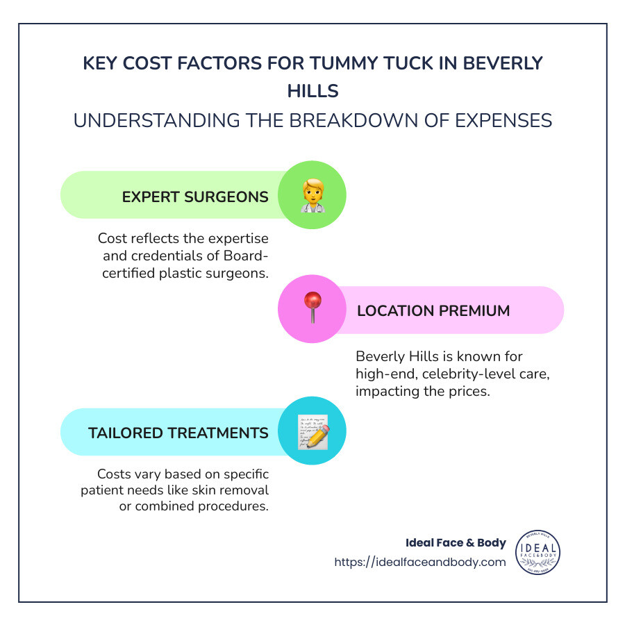 Cost Factors for Tummy Tuck in Beverly Hills Infographic - beverly hills physicians tummy tuck cost infographic infographic-line-3-steps-colors