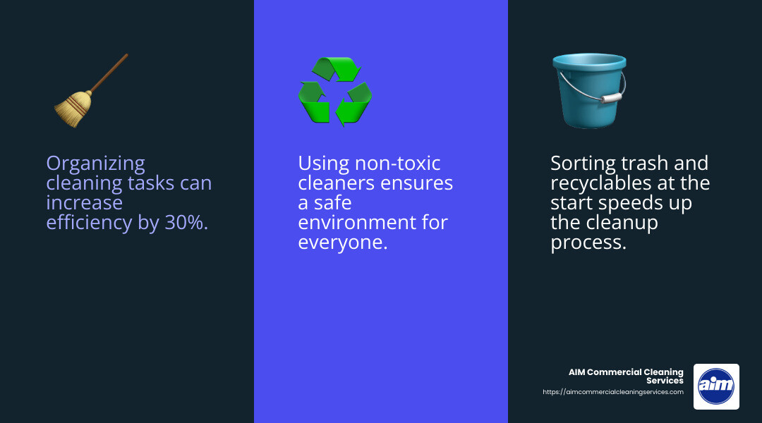 Statistics show that organized cleaning is 30% more efficient. - after party cleaning infographic 3_facts_emoji_blue