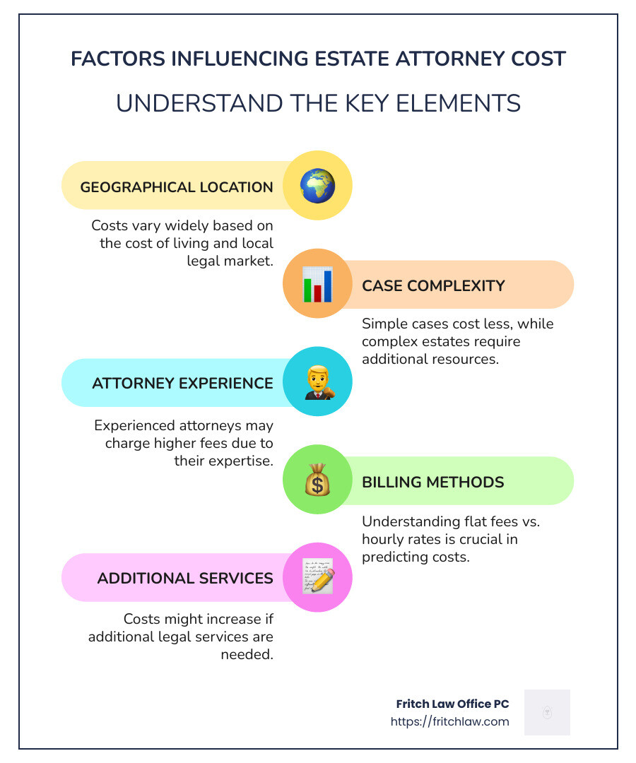 Infographic on factors influencing estate attorney cost, including location, complexity, and experience - estate attorney cost infographic infographic-line-5-steps-colors