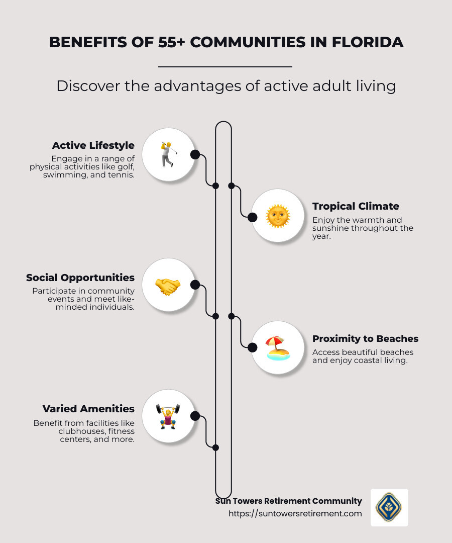 Infographic: Benefits of 55 plus communities Florida - active lifestyle with golf, social events, and beautiful beaches - 55 plus communities Florida infographic infographic-line-5-steps-neat_beige