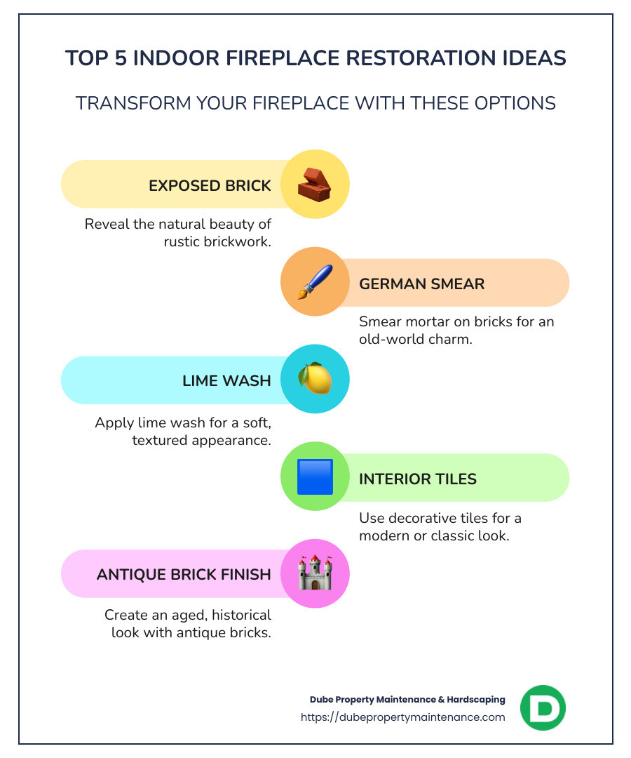 Infographic showing quick steps for fireplace restoration: Evaluate, Decide, Hire - Indoor Fireplace Restoration infographic infographic-line-5-steps-colors