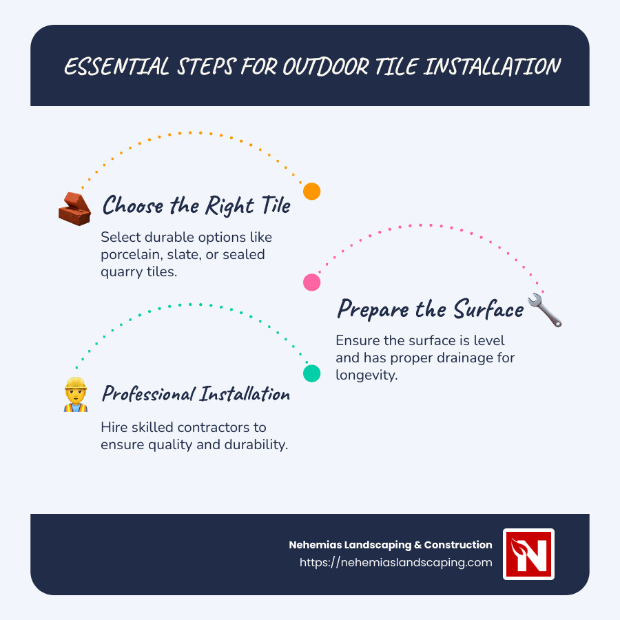 Infographic detailing best outdoor tile choices and installation essentials - outdoor tile contractors infographic infographic-line-3-steps-blues-accent_colors