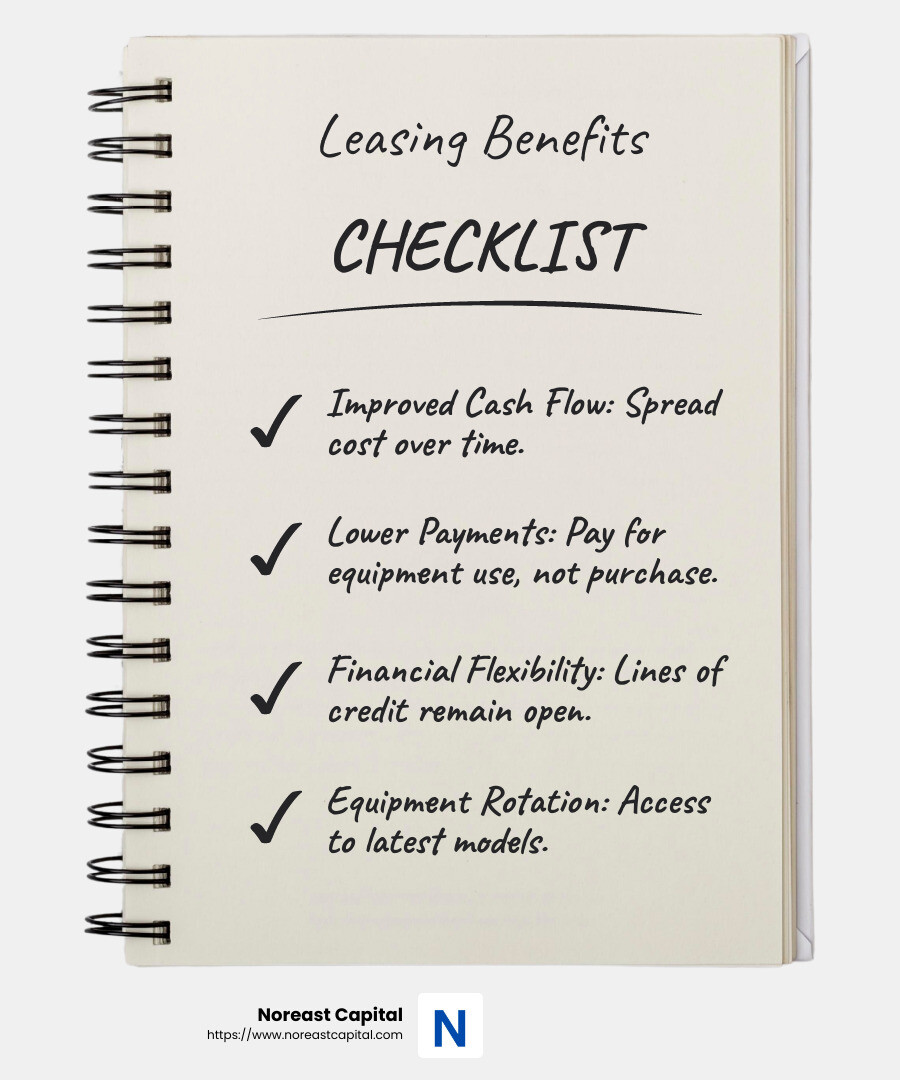 ba39b75c8dc16a1ba39f098b1d2096092c1b4c88 The Ins and Outs of Lawn Equipment Leasing Options Explore lawn equipment leasing options, benefits, and tips. Learn how to choose the best lease for financial flexibility today! Leasing typically results in lower monthly payments compared to buying equipment outright. - lawn equipment leasing infographic checklist-notebook