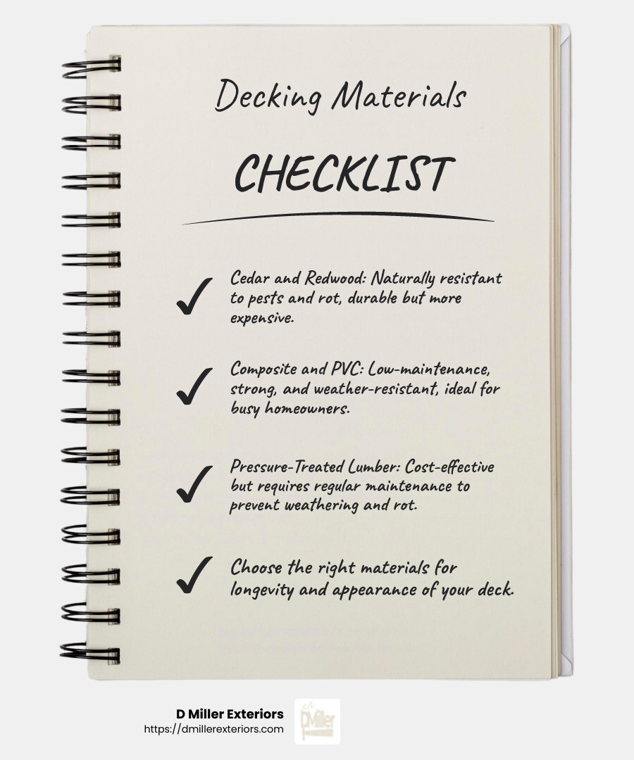 Choosing the right materials is key to a long-lasting deck. - building a deck infographic checklist-notebook