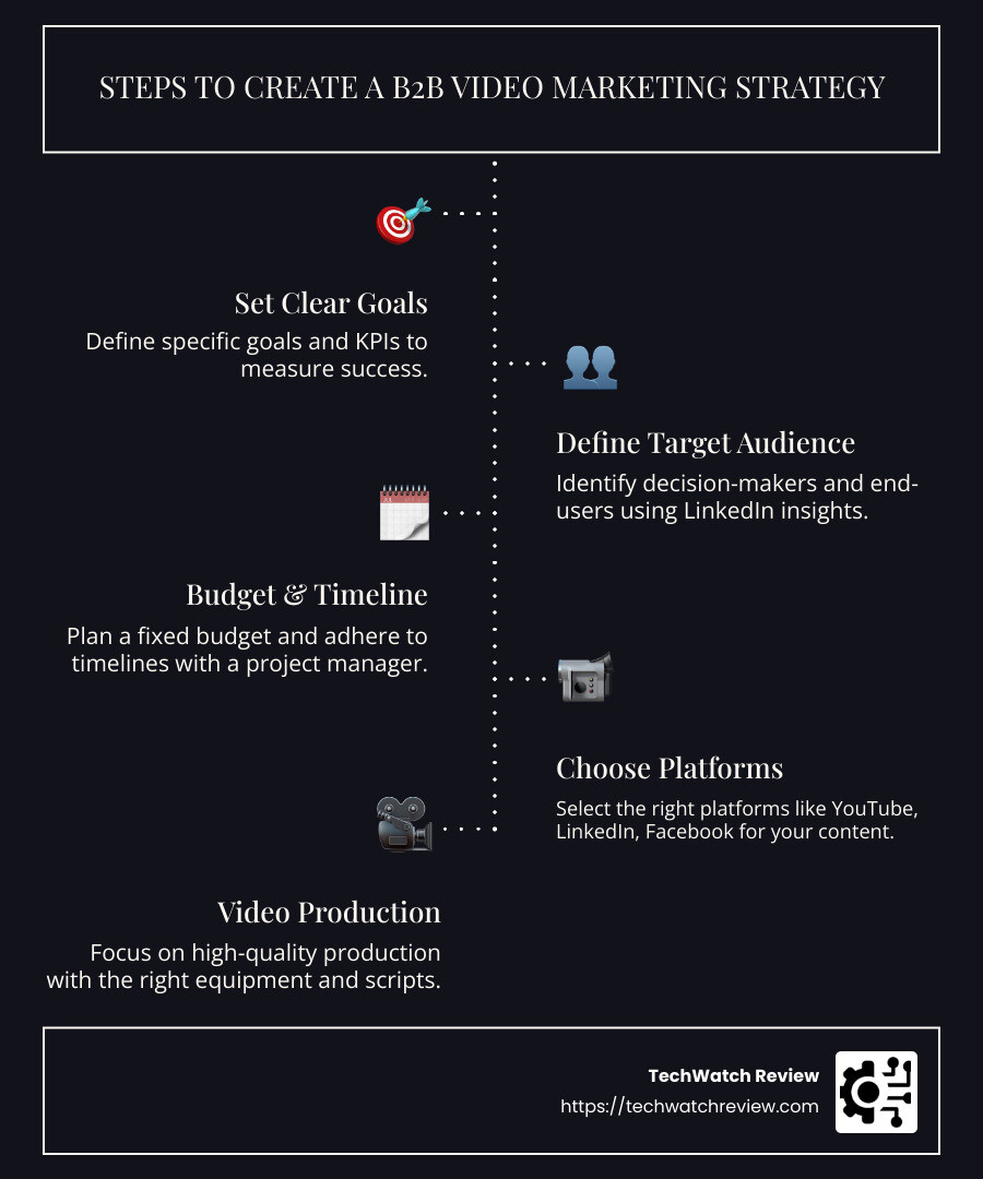 Infographic showcasing B2B video marketing tips such as storytelling, quality production, SEO optimization, and platform selection to boost engagement and conversion in B2B marketing strategies. The graphic depicts a timeline of video marketing evolution and includes insights from industry leaders. - b2b video marketing tips infographic infographic-line-5-steps-dark