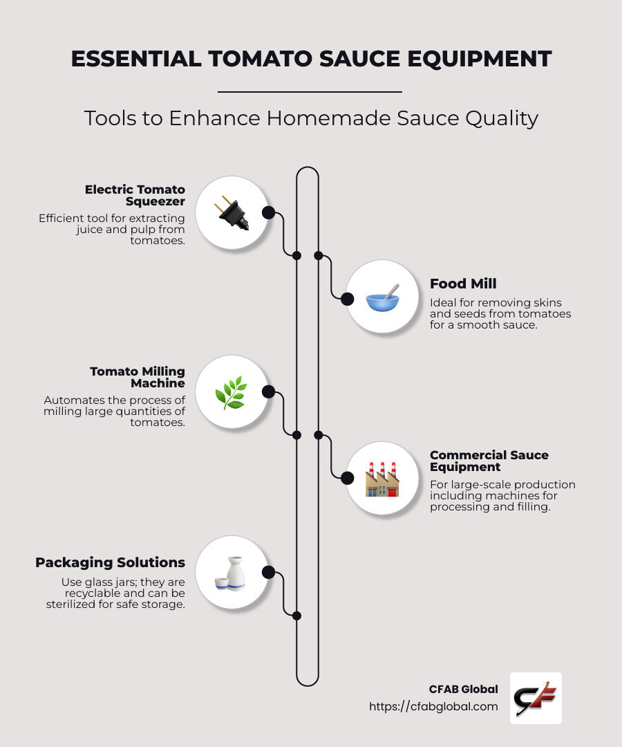 Essential equipment list for making tomato sauce, highlighting electric squeezers, food mills, and milling machines - tomato sauce equipment infographic infographic-line-5-steps-neat_beige