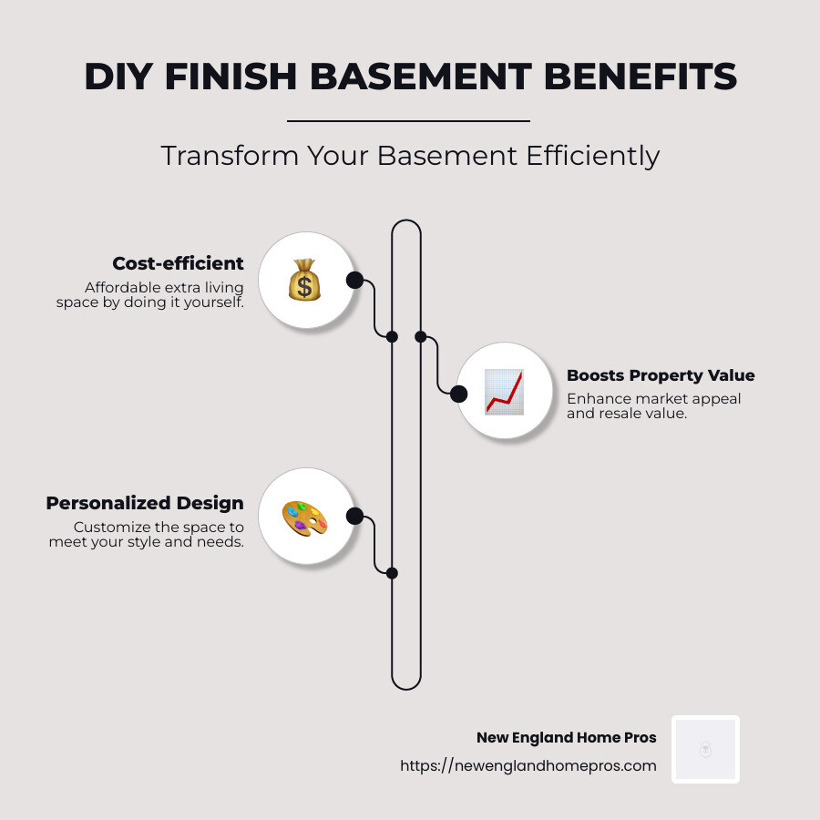 Infographic illustrating steps and benefits of diy finish basement, including cost-saving potential, custom design ideas, and property value improvement - diy finish basement infographic infographic-line-3-steps-neat_beige