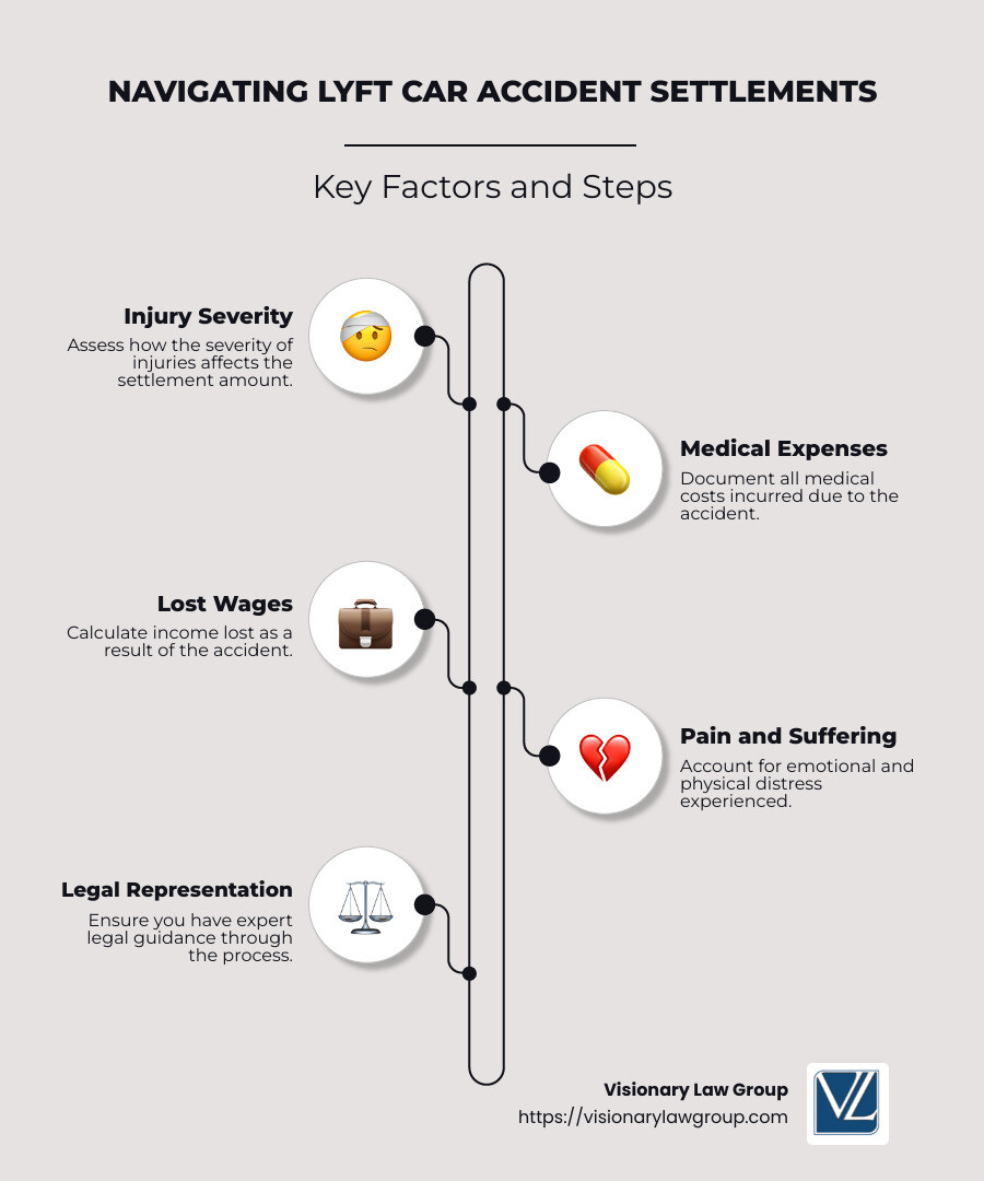 Detailed infographic on key points of Lyft car accident settlements, showing settlement influencers, the importance of legal guidance, and insurance coverage levels based on app usage - lyft car accident settlement infographic infographic-line-5-steps-neat_beige