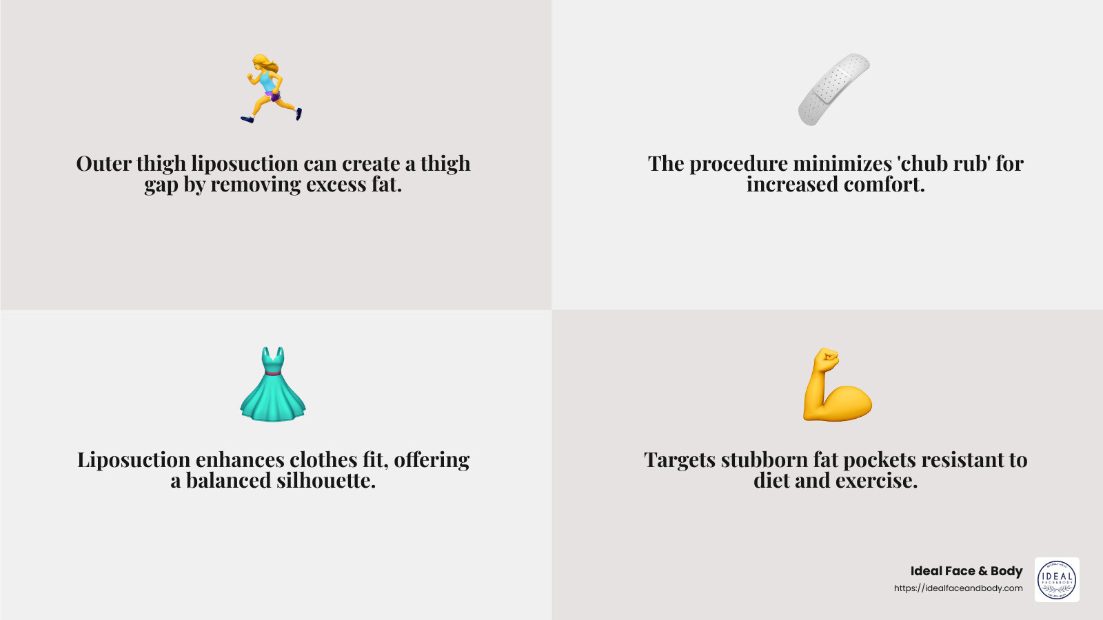 Benefits of Outer Thigh Liposuction - outer thigh liposuction infographic 4_facts_emoji_grey