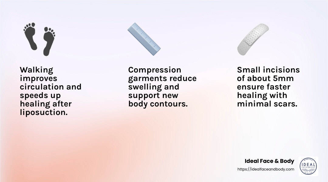 Walking improves circulation and speeds up healing. - outer thigh liposuction infographic 3_facts_emoji_light-gradient