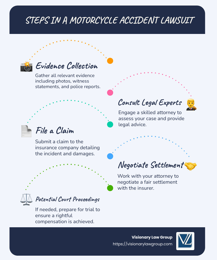 A detailed infographic explaining the steps in a motorcycle accident lawsuit, starting from gathering evidence, consulting legal experts, filing a claim, and negotiating settlements, to potential courtroom proceedings if necessary. - Motorcycle accident lawsuit infographic infographic-line-5-steps-blues-accent_colors