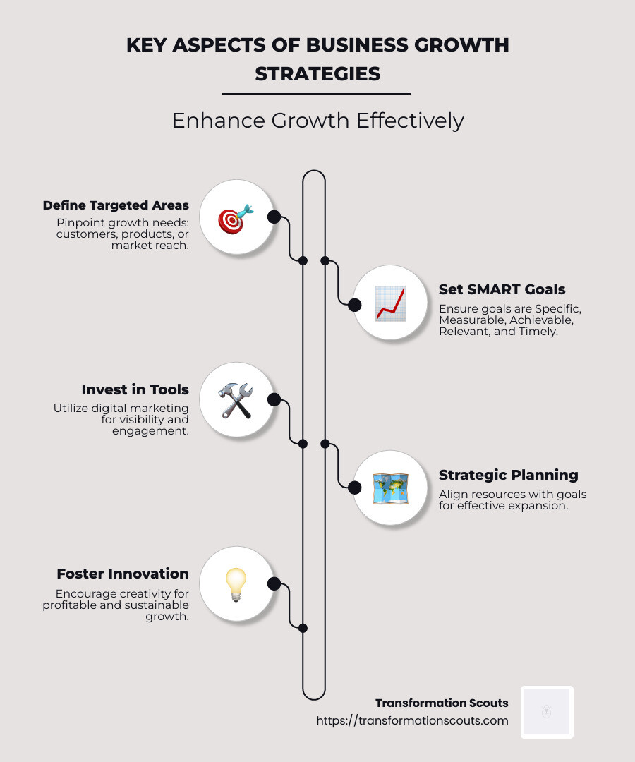 Infographic showing key aspects of business growth strategies: targeted growth, SMART goals, investing in tools and resources - business growth strategies infographic infographic-line-5-steps-neat_beige