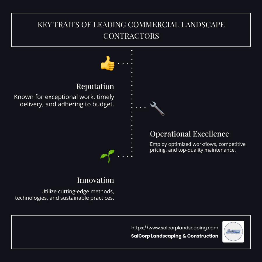 Infographic showing key traits of leading commercial landscape contractors - commercial landscape contractors infographic infographic-line-3-steps-dark