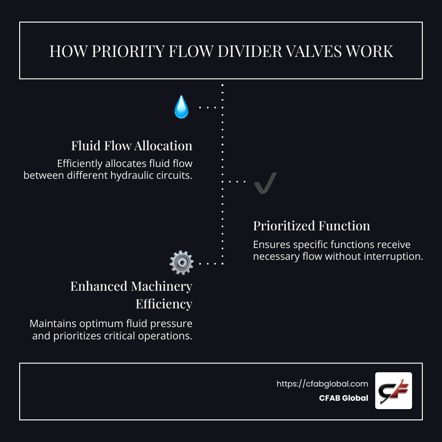 Infographic showing how priority flow divider valves work, with diagrams of fluid flow, valve components, and key benefits - priority flow divider valve infographic infographic-line-3-steps-dark