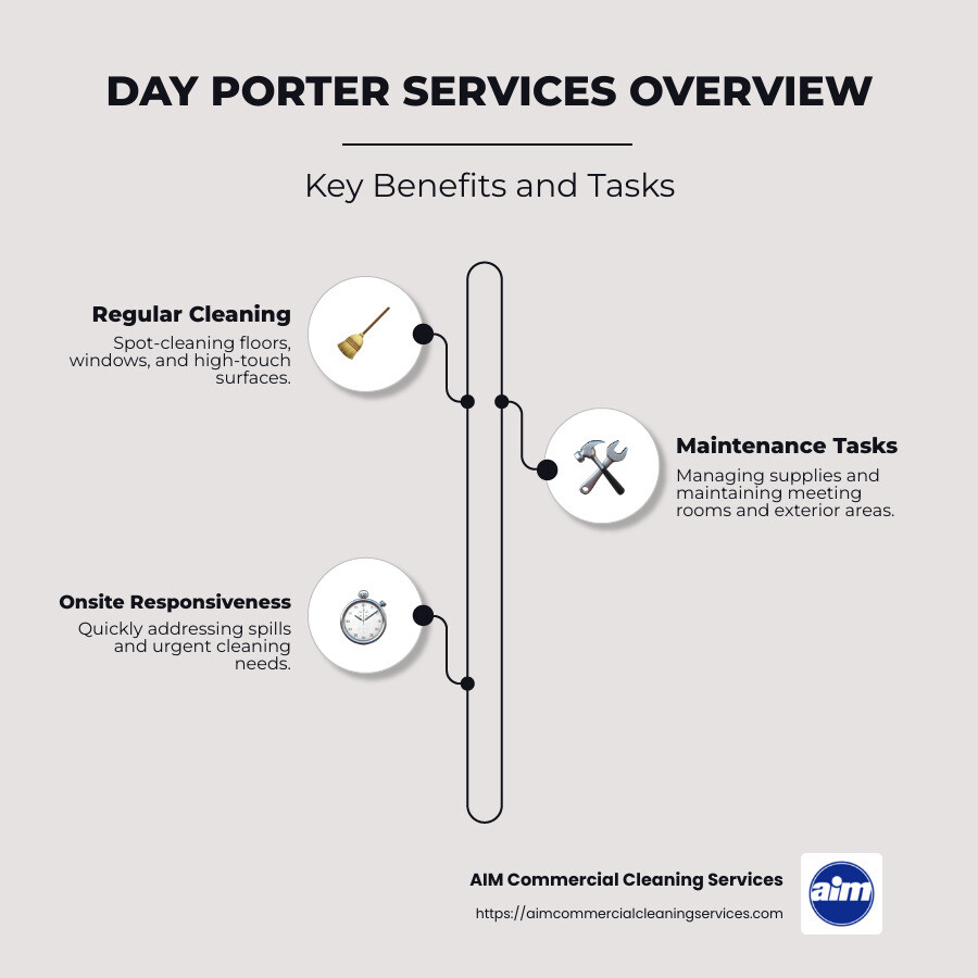 breakdown of day porter services tasks and benefits, with a focus on cleaning frequency, maintenance duties, and emergency responsiveness - day porter services infographic infographic-line-3-steps-neat_beige