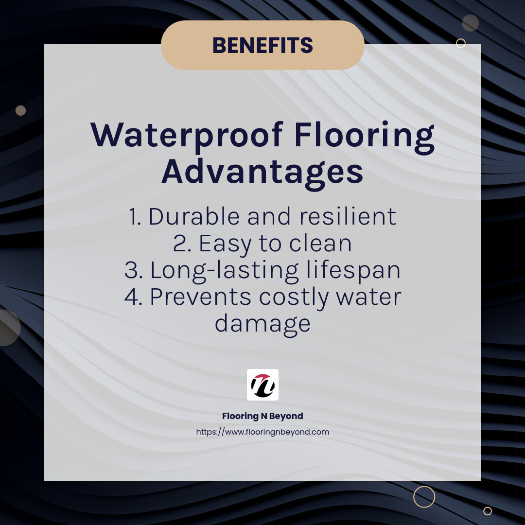 Waterproof flooring prevents costly water damage, saving both time and money in maintenance costs. - waterproof flooring solutions infographic simple-info-card-dark
