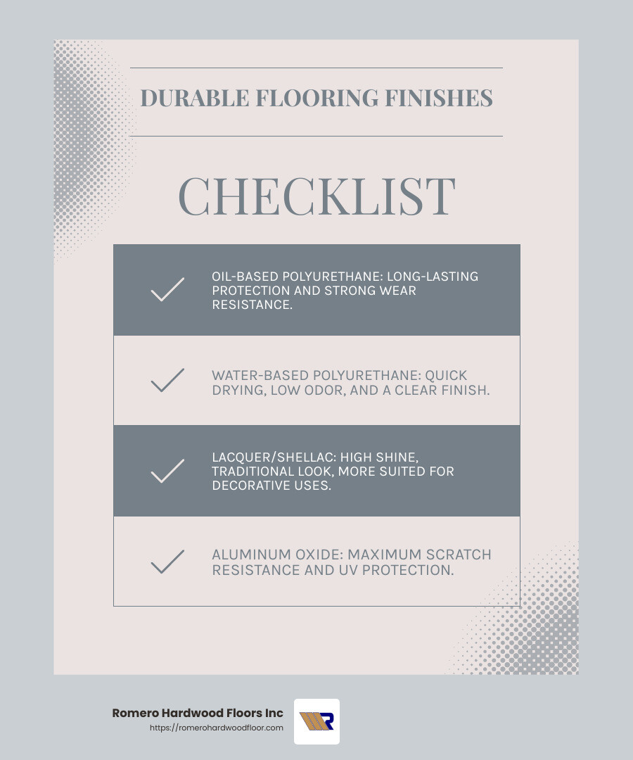 Aluminum oxide provides maximum durability, scratch resistance, and UV protection. - Long-lasting hardwood flooring infographic checklist-light-blue-grey