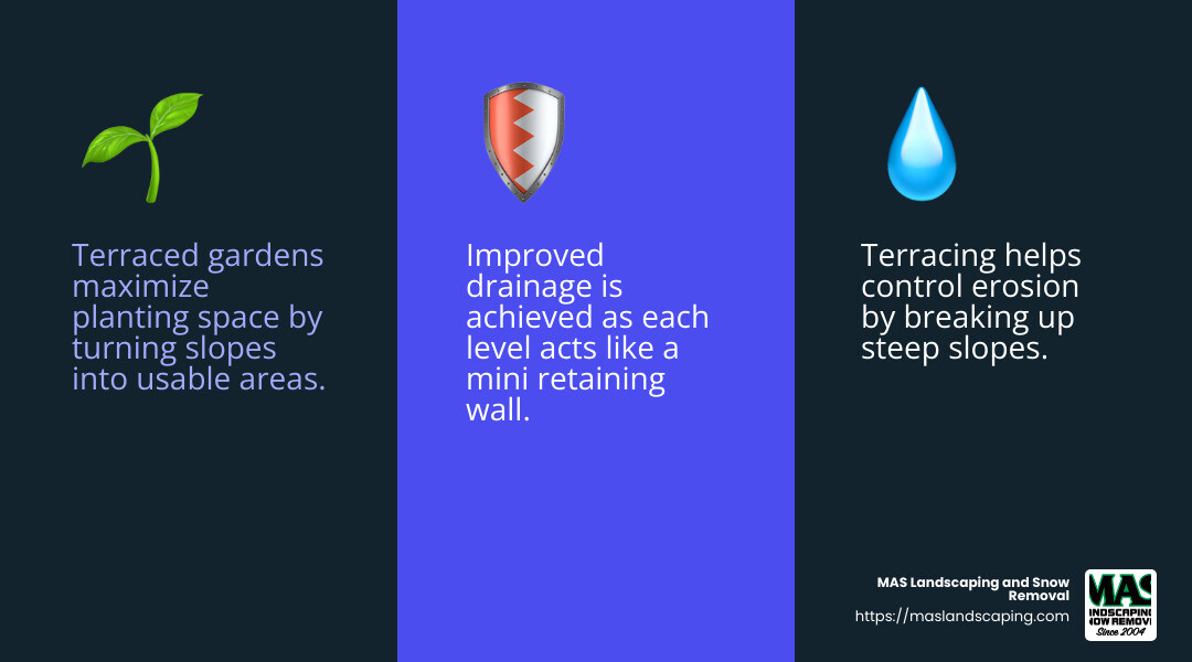 Terraced garden beds offer a practical and beautiful solution for sloped yards. - Outdoor retaining wall ideas infographic 3_facts_emoji_blue