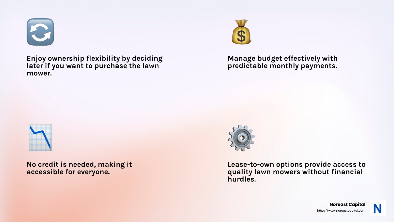 Lease to Own Benefits - lease to own lawn mower infographic 4_facts_emoji_light-gradient