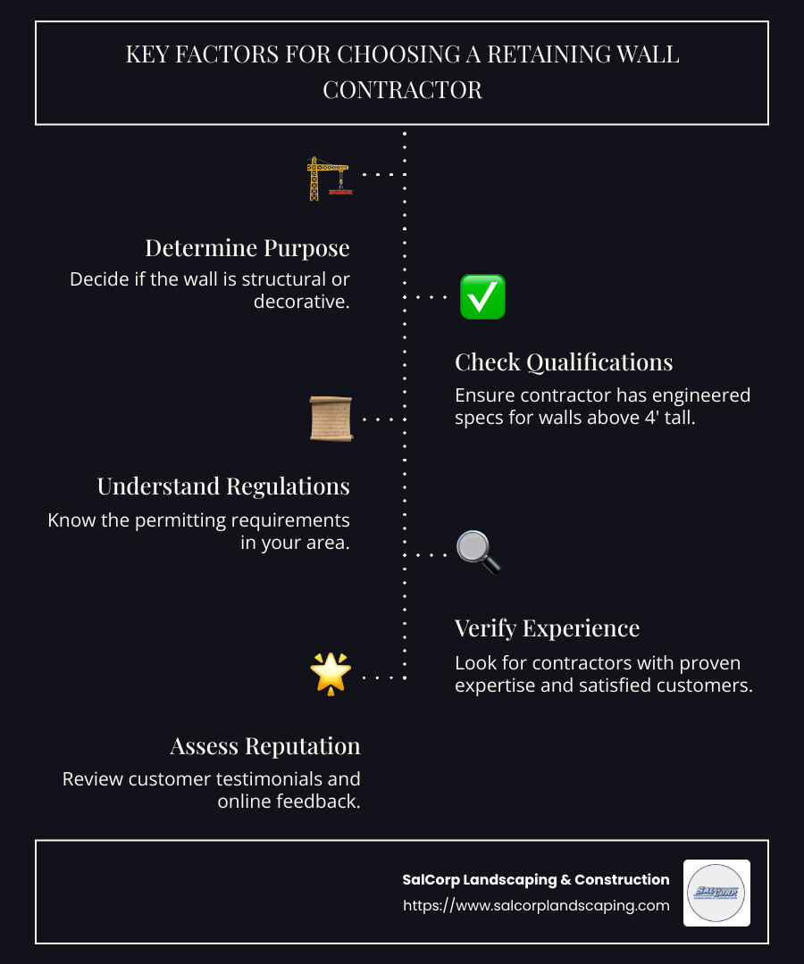 Key Factors for Choosing a Contractor - retaining wall contractor infographic infographic-line-5-steps-dark