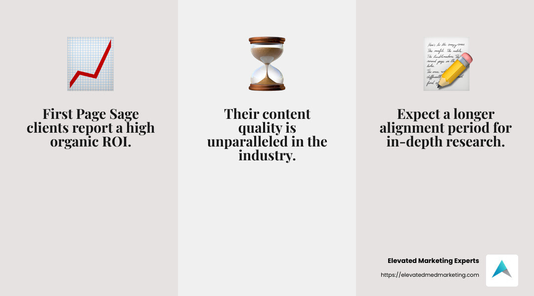 First Page Sage's clients report high organic ROI but note a longer alignment period is needed for in-depth business research. - Plastic Surgery Leads infographic 3_facts_emoji_grey