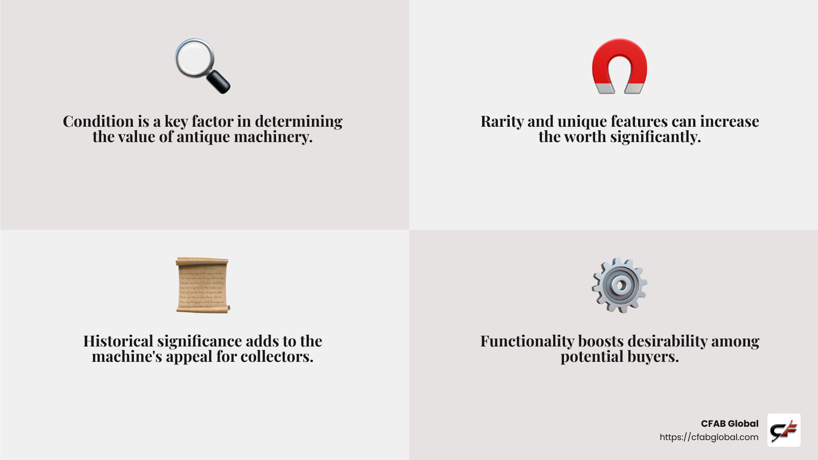 A quote from a collector about the importance of condition and rarity in valuing antique machinery. - antique farm machinery for sale infographic 4_facts_emoji_grey