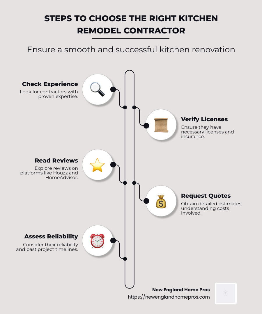 Infographic detailing steps to select the right kitchen remodel contractor, including verifying experience, checking licenses, reading reviews, and obtaining detailed quotes - kitchen remodel contractor near me infographic infographic-line-5-steps-neat_beige