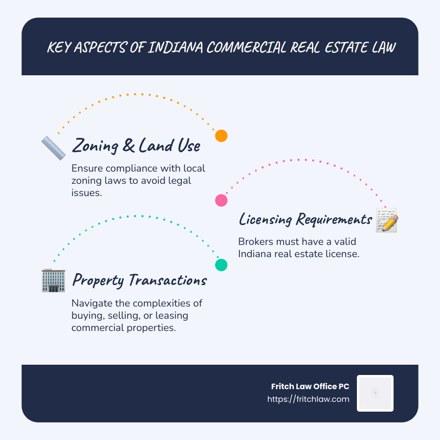 Key aspects of Indiana commercial real estate law focusing on licensing requirements, zoning laws, and property transactions - Indiana commercial real estate law infographic infographic-line-3-steps-blues-accent_colors